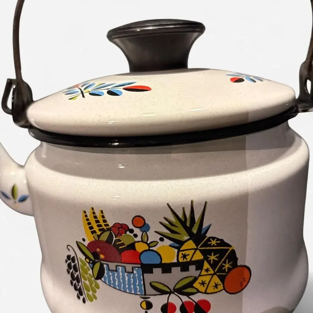Vintage Retro White enamel tea kettle with fruit basket
